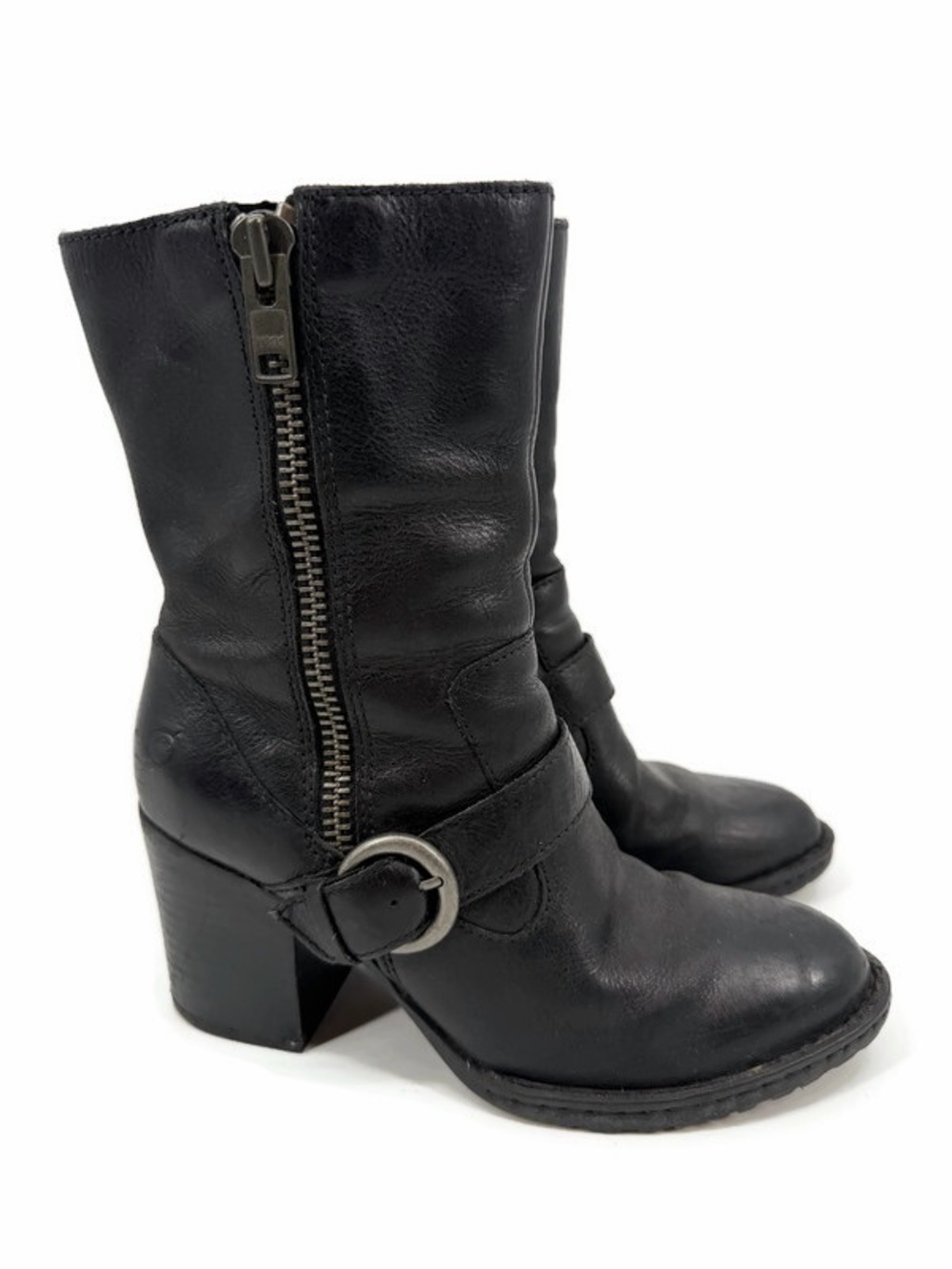 Born Camryn Black Leather Harness Buckle Heeled Boots Size 8.5
